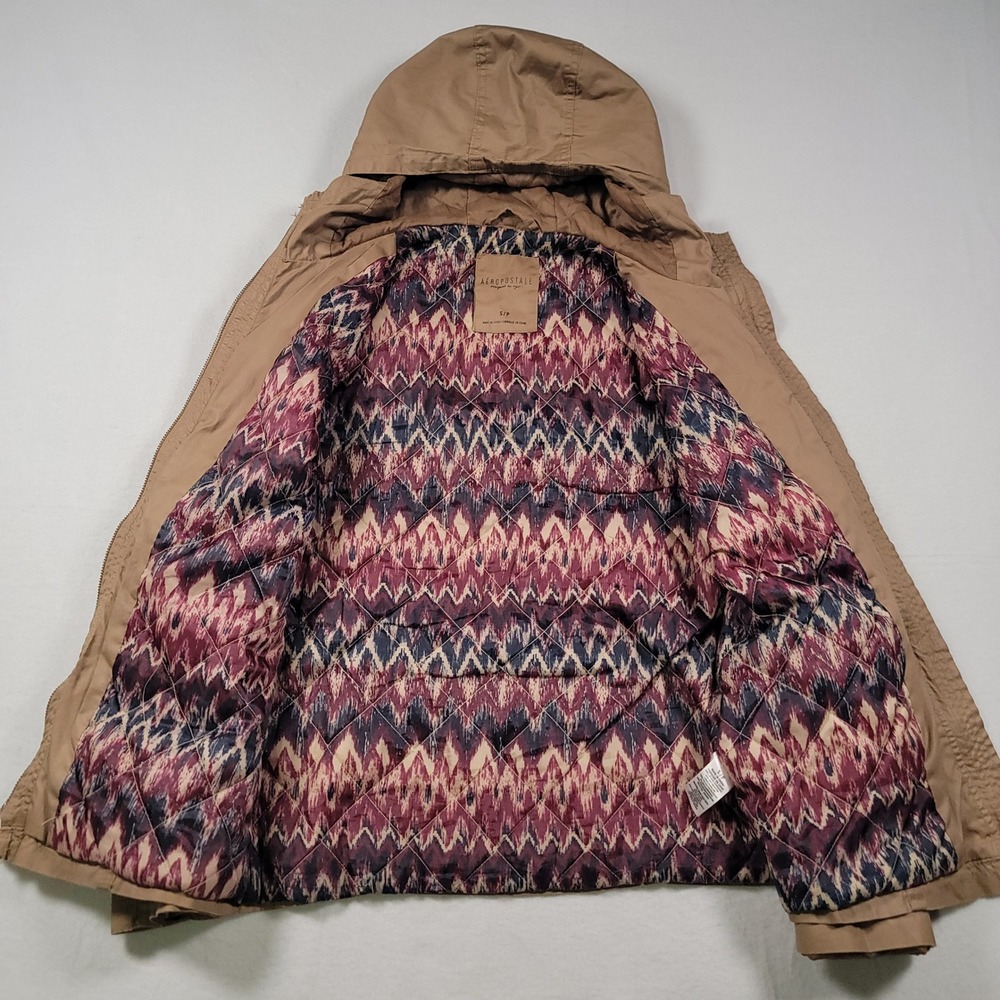Aeropostale Toggle Hooded Jacket Women Small Tan Solid Cotton Ikat Lined Coat - Picture 4 of 13